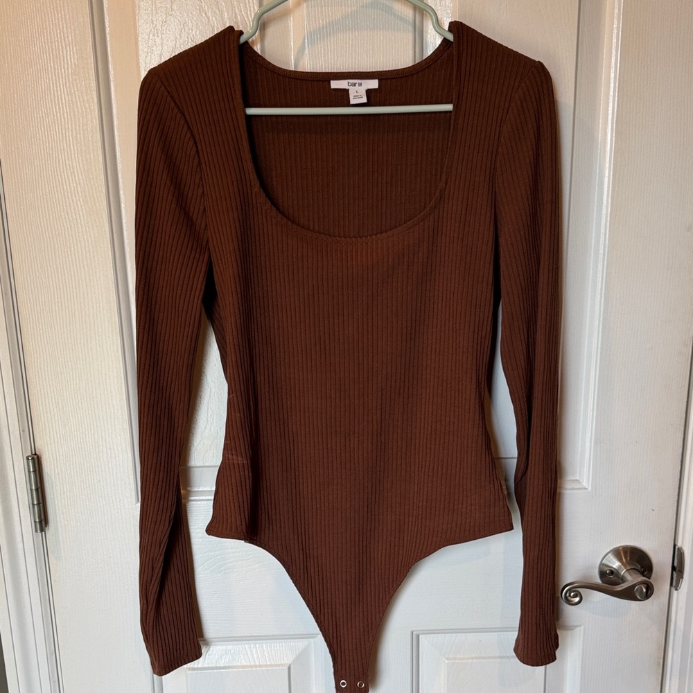 Divided Brown Ribbed Long Sleeve Bodysuit